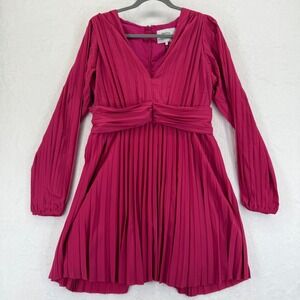 Aureta x Anthropologie Pleated Mini Dress Long Sleeve Raspberry Pink‎ Size L